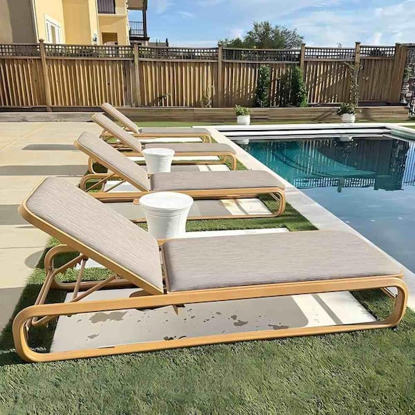 Chaise Lounge Teak 2 pieces Metal Outdoor Recliner w/Slide-Out Side Table with Cushion Adjustable Backrest