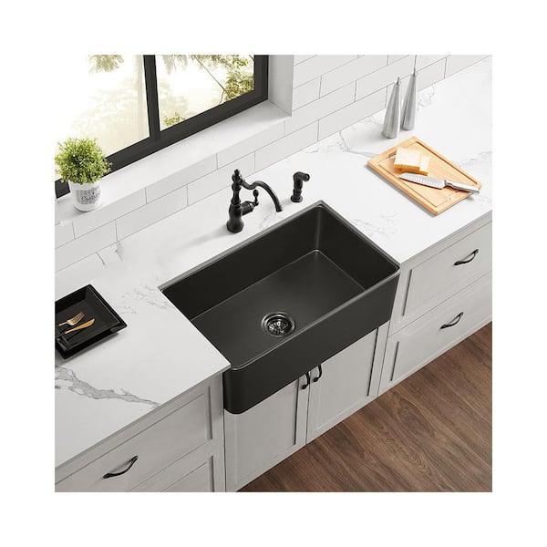 Matte Black Fireclay 33 in. Single Bowl Farmhouse Apron Workstation Kitchen  Sink with Bottom Grid and Strainer