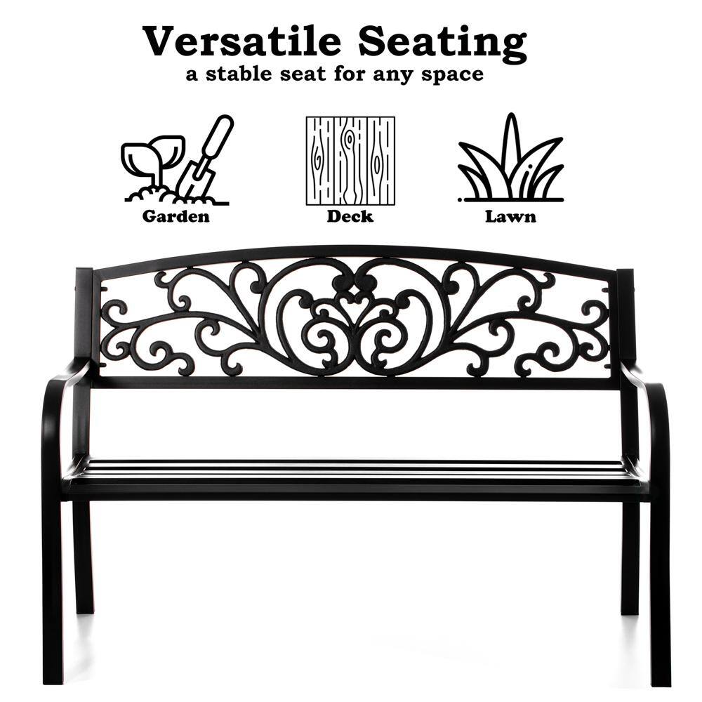 Black Powder Coated Steel Outdoor Bench with Cast Iron Backrest