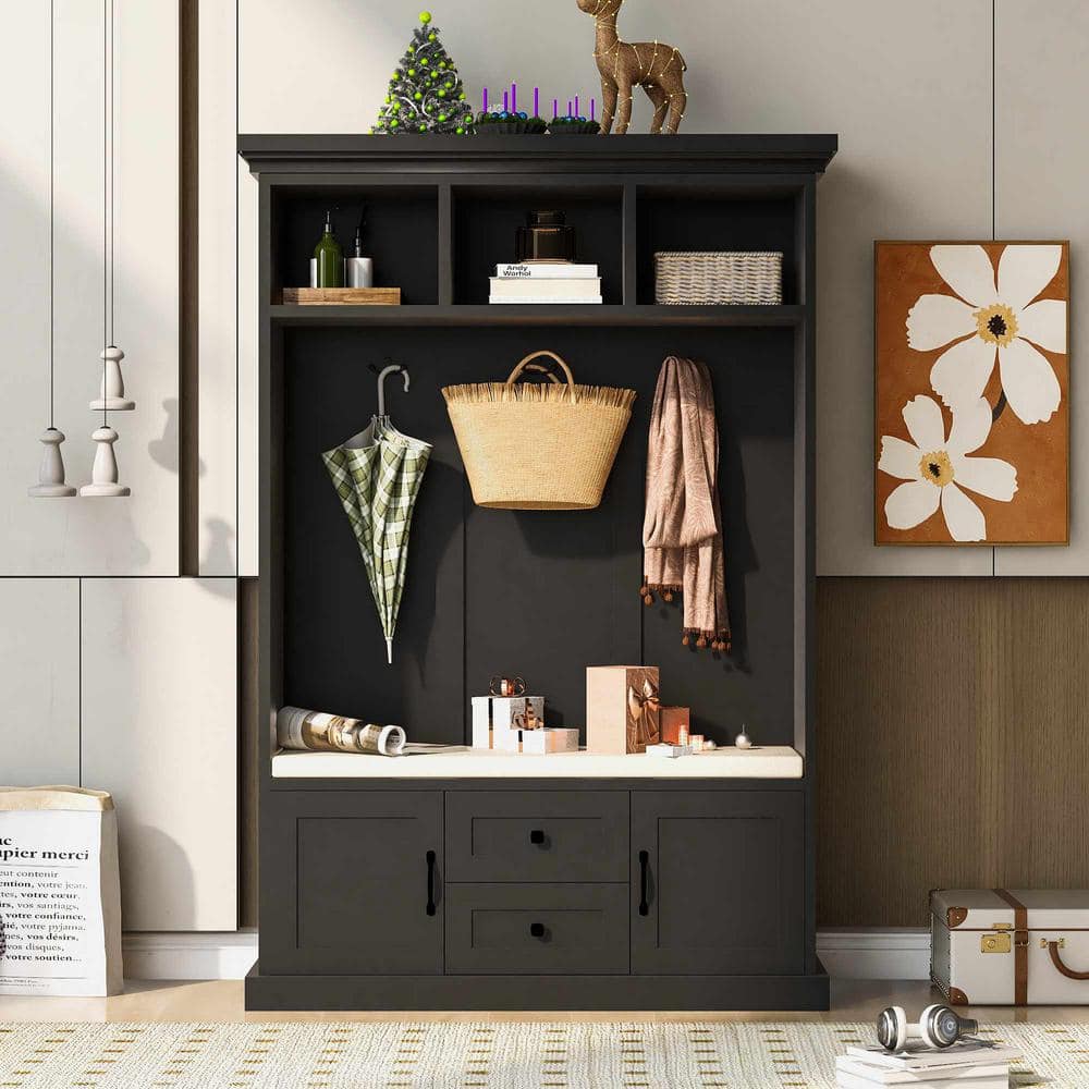 Black Particle Board Hall Tree with Storage Bench and Hooks