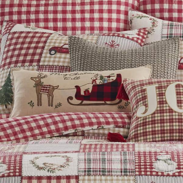 Holiday Truck Plaid Embroidery Script Decorative Pillow Cover