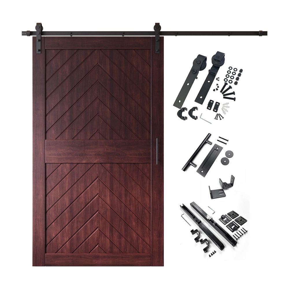 JT1 42 in. x 84 in. C-Panel Red Mahogany Fishbone Design Solid Pine Wood Sliding Barn Door with Hardware Kit price history on PriceWatchPro