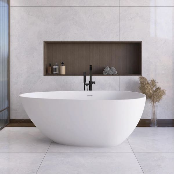 59 in. Stone Resin Flatbottom Non-Whirlpool Double Slipper Freestanding Bathtub in White