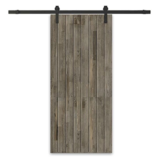 CALHOME 36 in. x 80 in. Weather Gray Stained Solid Wood Modern Interior Sliding Barn Door with Hardware Kit