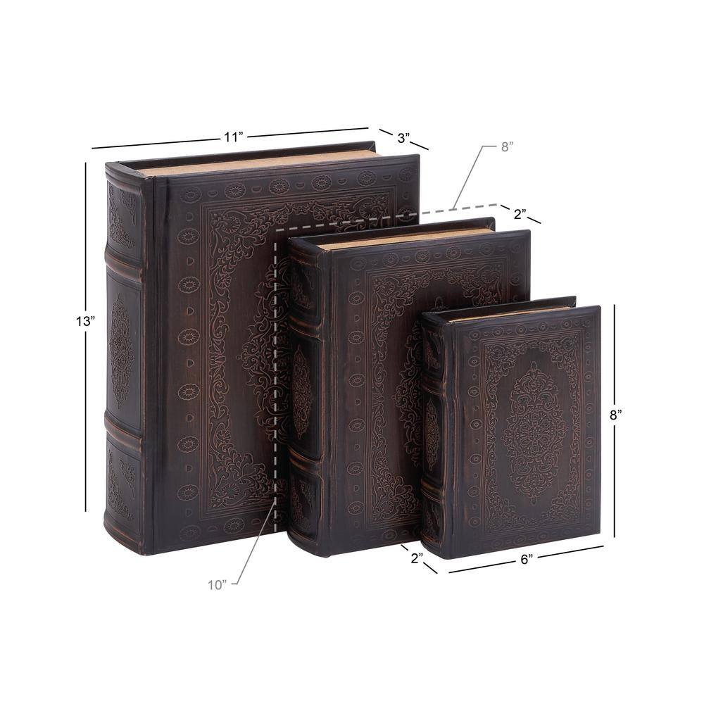Vintage Illustration Dark Brown Wood & Faux Leather Decorative Book Box Set of 3
