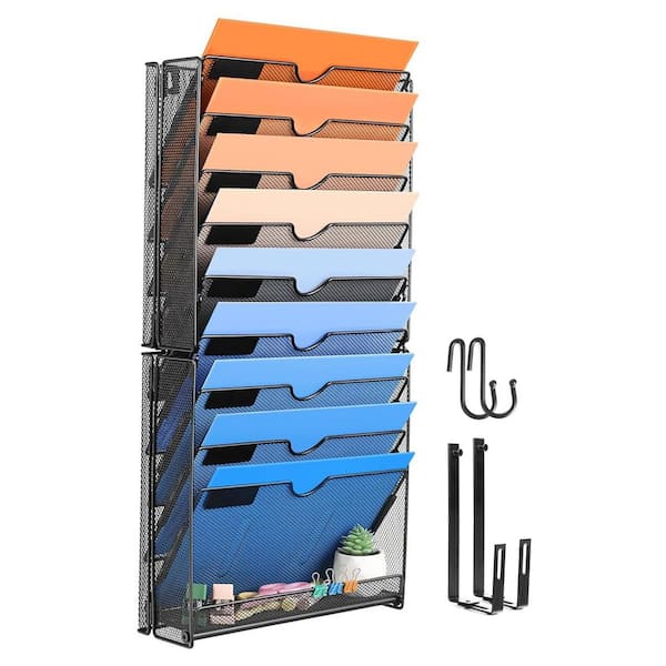 10-Pockets Mesh Hanging Metal Wall File Organizer With Hooks, Wall Organizer Black 25.2 in. x 12.8 in.