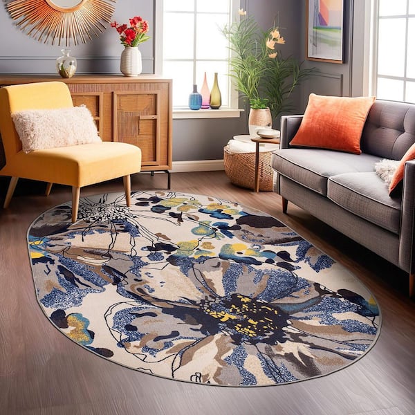 Contemporary Bright Flowers Non-Slip (Non-Skid) Cream 5 ft. x 7 ft. Oval Indoor Area Rug