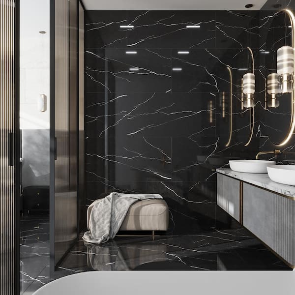 Splendor Black 23.62 in. x 47.25 in. Polished Porcelain Rectangular Wall and Floor Tile (15.55 sq. ft./case) (2-pack)