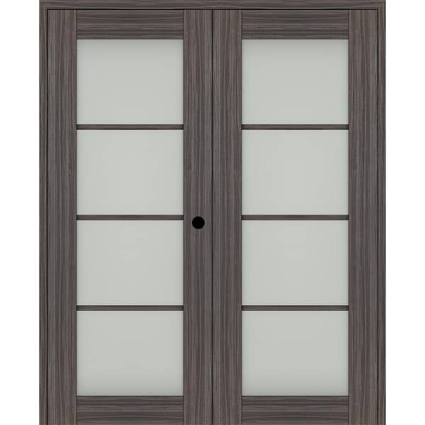 Paola 72 in. x 80 in. Left Hand Active 4-Lite Frosted Glass Gray Oak Wood Composite Double Prehung French Door