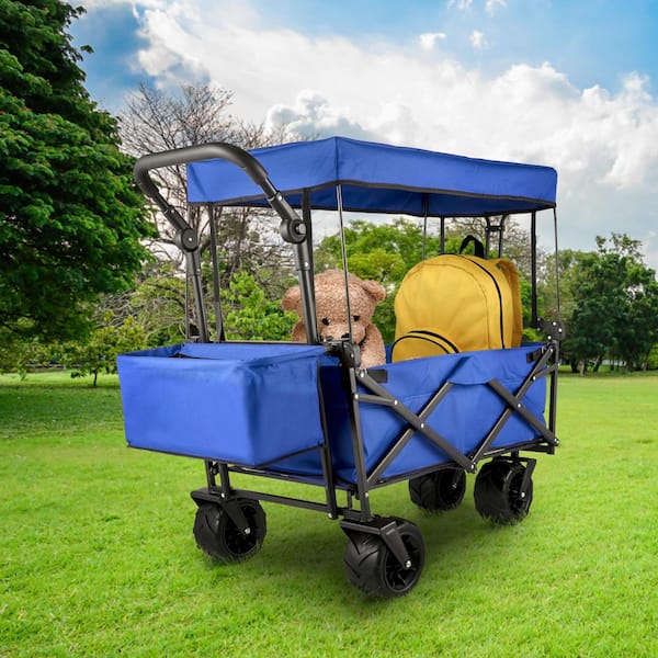3 cu.ft. Collapsible Wagon Cart Foldable Extra Large Collapsible Steel Garden Cart with Adjustable Handles, Blue