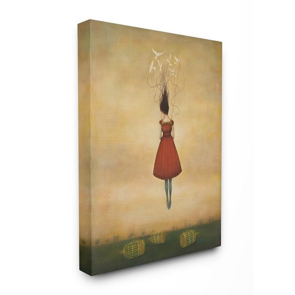 Stupell Industries 16 in. x 20 in. "Beauty and Birds in Her Hair Woman in Red Dress Flying Away" by Duy Huynh Canvas Wall Art