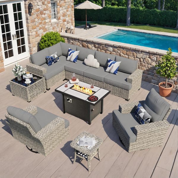 Torino 10-Piece Wicker Outdoor Patio Conversation Sofa Sectional Chairs Set with Metal Fire Pit and Dark Gray Cushions