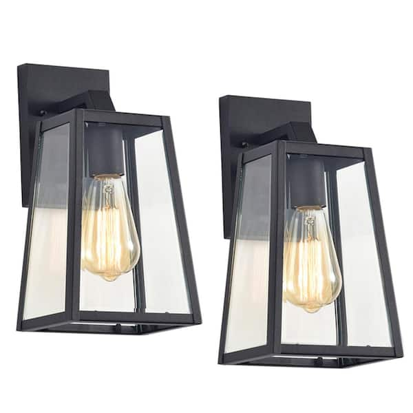 Matte Black Outdoor E26 Hardwired Geometric Wall Lantern Sconce with No ...