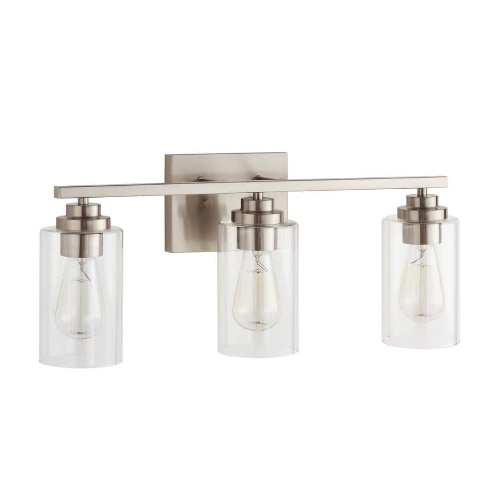 Brushed Nickel 3-Light Cylinder Glass Outdoor Vanity Fixture