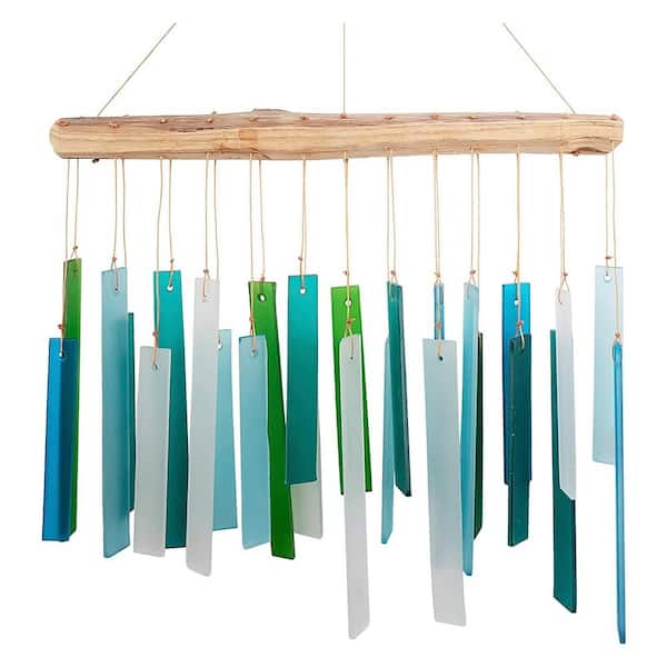 Unbranded Blue Handworks Seaglass & Driftwood Chime, Sandblasted Glass and Found Wood Handcrafted Wind Chime