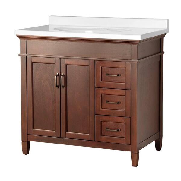 Home Decorators Collection Ashburn 37 in. W x 22 in. D Vanity in Mahogany with Right Drawers with Vanity Top in White