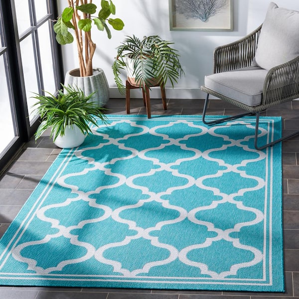 Bermuda Aqua/Gray 8 ft. x 10 ft. Border Trellis Indoor/Outdoor Area Rug
