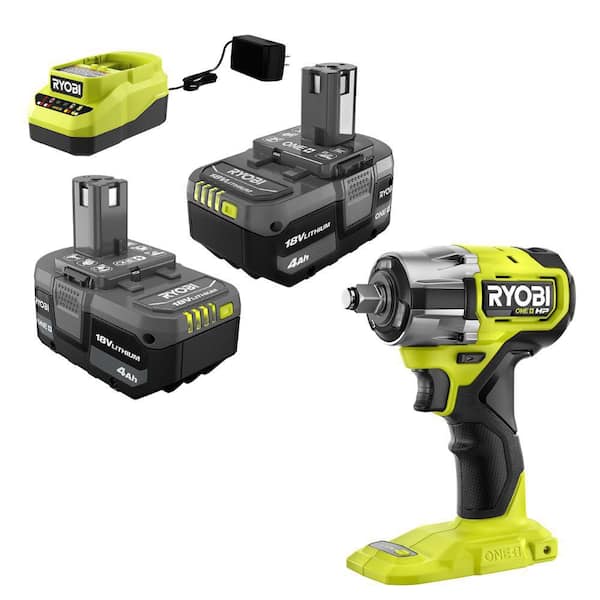 RYOBI ONE+ 18V Lithium-Ion 4.0 Ah Compact Battery (2-Pack) and Charger Kit with  ONE+ HP Brushless Impact Wrench