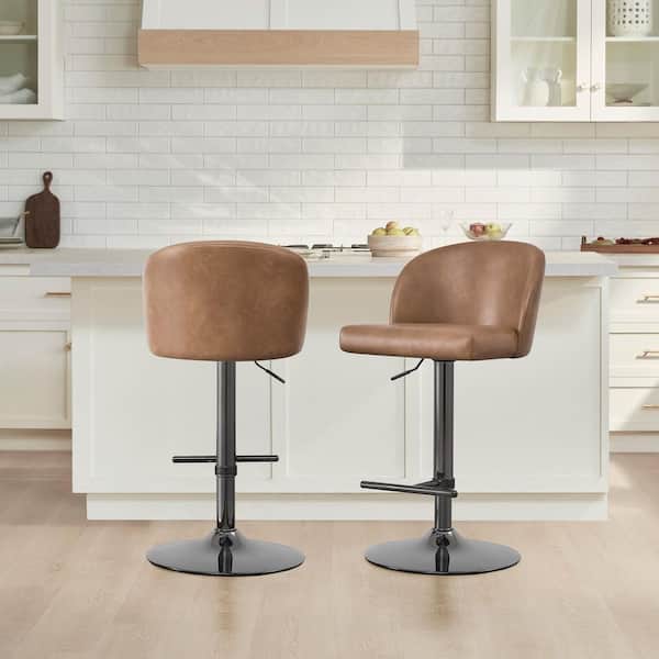 Levi Camel/Gunmetal Gas Lift Adjustable Swivel Counter Stool with Upholstered Back for Kitchen or Home Bar (Set of 2)