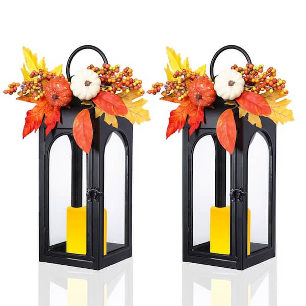 2 Piece Black Metal Lantern Set with Flameless Pillar Candles-LED Candle-Lit Decorations for Seasonal Indoor/Outdoor Use