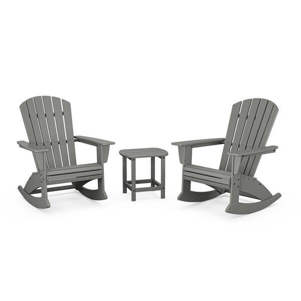 Nautical Curveback Adirondack Rocking Chair Slate Grey 3-Piece HDPE Plastic Patio Conversation Set