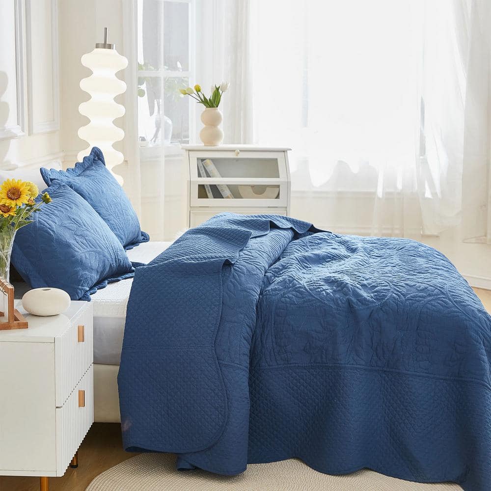 Navy Cotton Queen Embroidered Bedspread Set