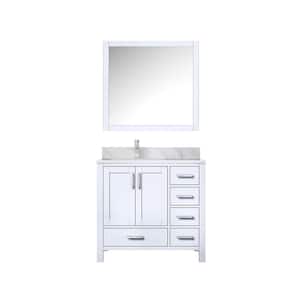 Jacques 36 in. W x 22 in. D Left Offset White Bath Vanity, Carrara Marble Top, Faucet Set, and 34 in. Mirror