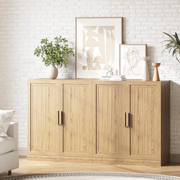 Set of 2 Natural 36 in. H Bathroom Storage Cabinet with Wood Doors Shoe Storage Cabinet