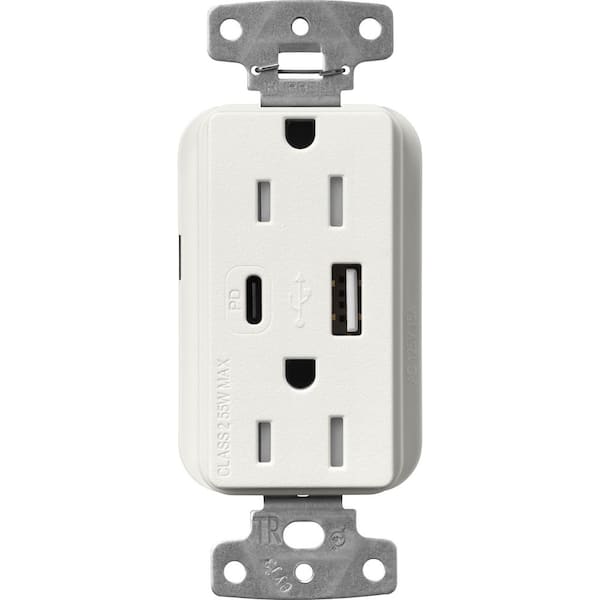 Claro 15 Amp Tamper Resistant USB Type A/C Duplex Receptacle, Decorator Style Outlet Satin Finish, SCR-15-ACTR-RW, White