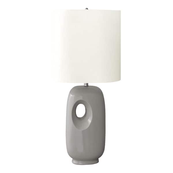 25 in. Gray Ceramic Table Lamp with Sculptural Cut-Out Base and Linen-Blend Ivory Shade for Living Room, Bedroom