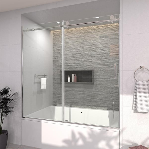 60 in. W. x 60 in. H Sliding Semi Frameless Tub Door in Chrome Finish with Clear Glass