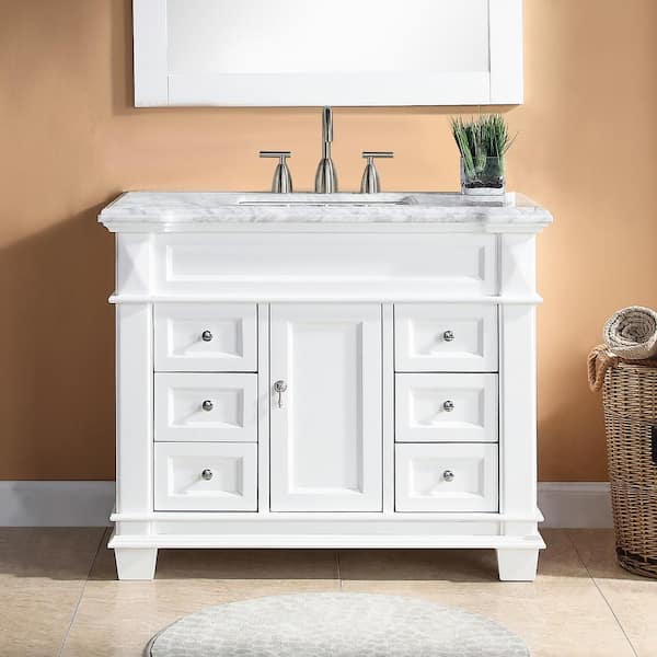 HOMEVY STUDIO Dorian 42 in. W x 22 in. D x 35.63 in. H Single Sink Freestanding Bath Vanity in Matte White with Carrara Marble Top