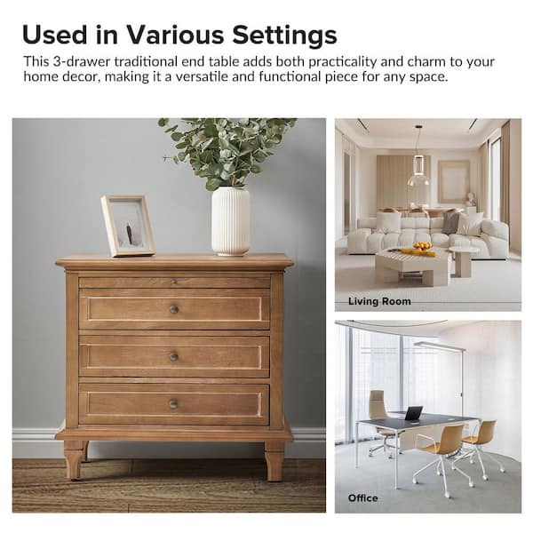 JAYDEN CREATION Julia Acorn 27 in. H Traditional 3-Drawer Solid