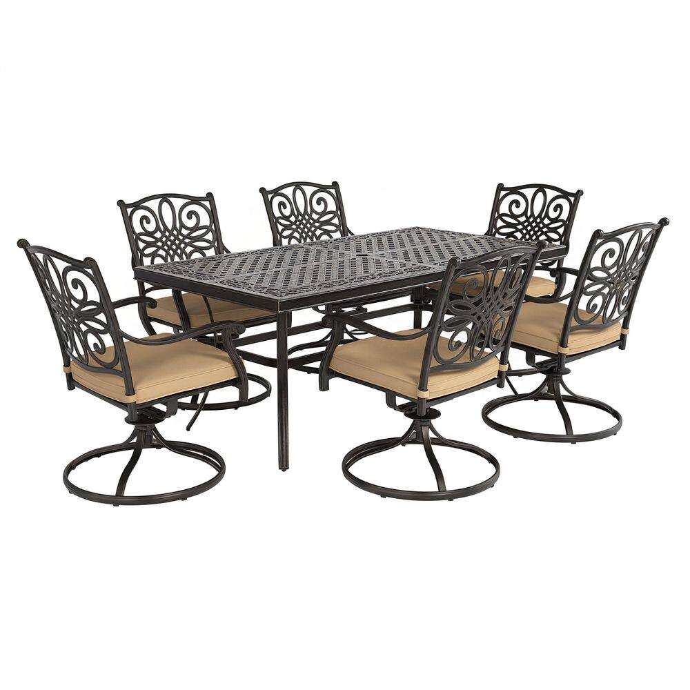 7-Piece Cast Aluminum Outdoor Dining Set with Rectangle Table Umbrella Hole and Swivel Chairs with Brown Cushion price history on PriceWatchPro
