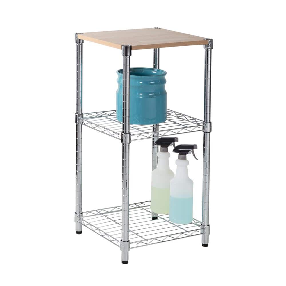 Contemporary Chrome & Wood 3-Tier Adjustable Shelving Unit