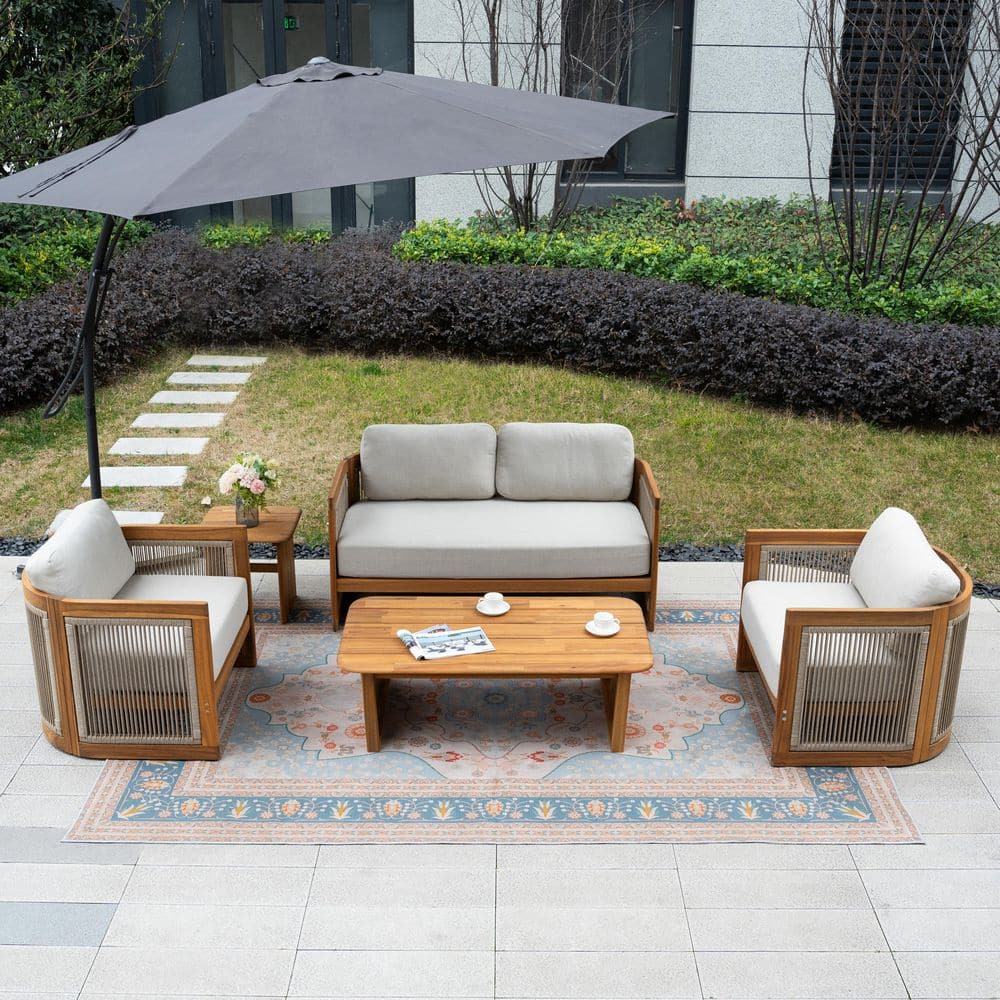 5-Piece Outdoor Patio Conversation Set with Cushions and Coffee Table, Solid Wood Frame