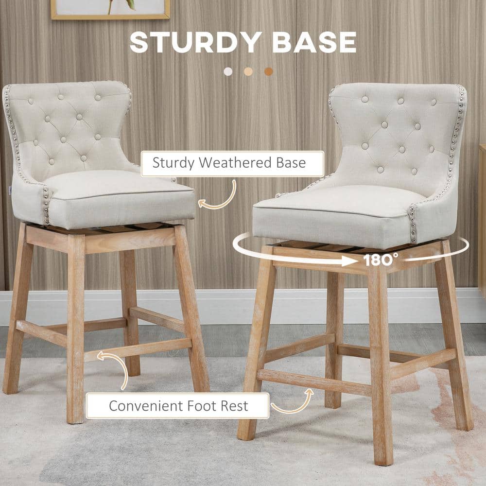 Cream Upholstered Swivel Bar Stools with Wood Legs, Set of 2