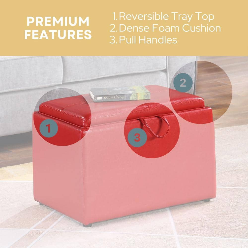 Versatile Bright Red Faux Leather Ottoman with Reversible Tray