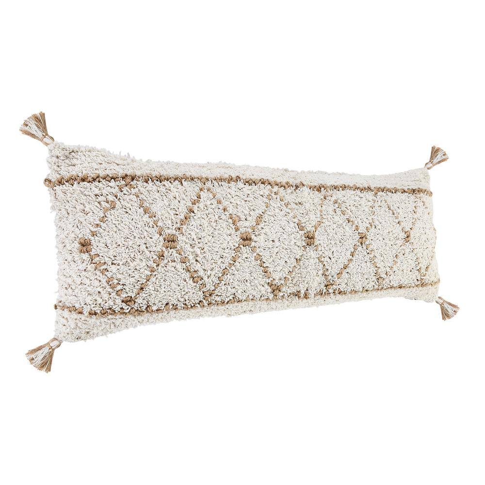 Ivory and Tan Boho-Chic Diamond Jute and Cotton Lumbar Throw Pillow