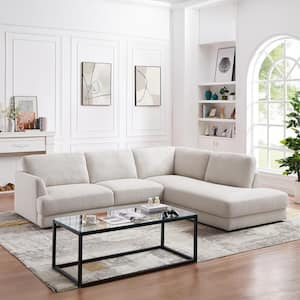 Glenville 108 in. Square Arm 2-piece High Quality Linen Polyester Mix L Shaped Right Facing Cozy Sectional Sofa in Ivory