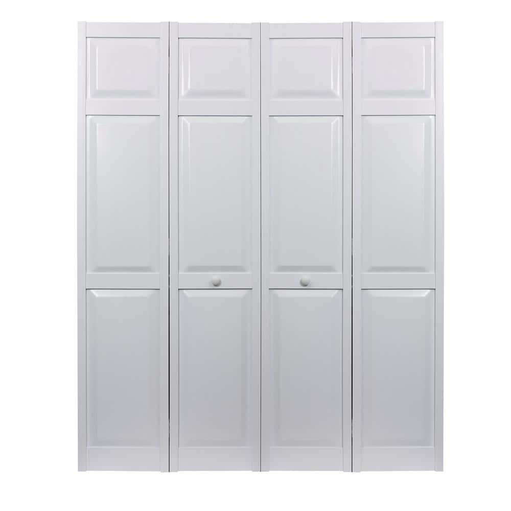 Pinecroft 64 In. X 80 In. Seabrooke 6-Panel Raised Panel White Hollow Core PVC Vinyl Interior Bi ...