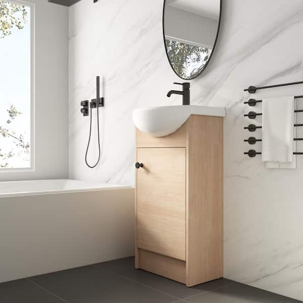 18 in. W x 14 in. D x 35 in. H Single Sink Freestanding Bath Vanity in Plain Light Oak with White Ceramic Top