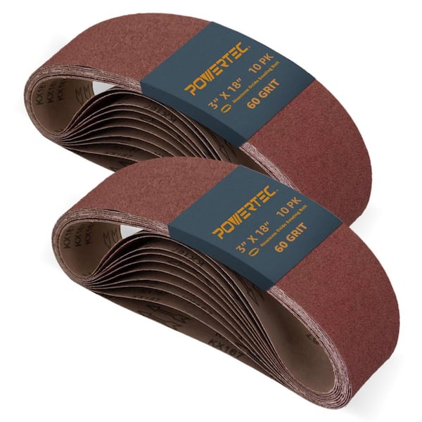 ‎POWERTEC 3 in. x 18 in. 60-Grit Sanding Belts for Portable Belt Sander, Wood Paint Sanding, Metal Polishing (20-Pack)