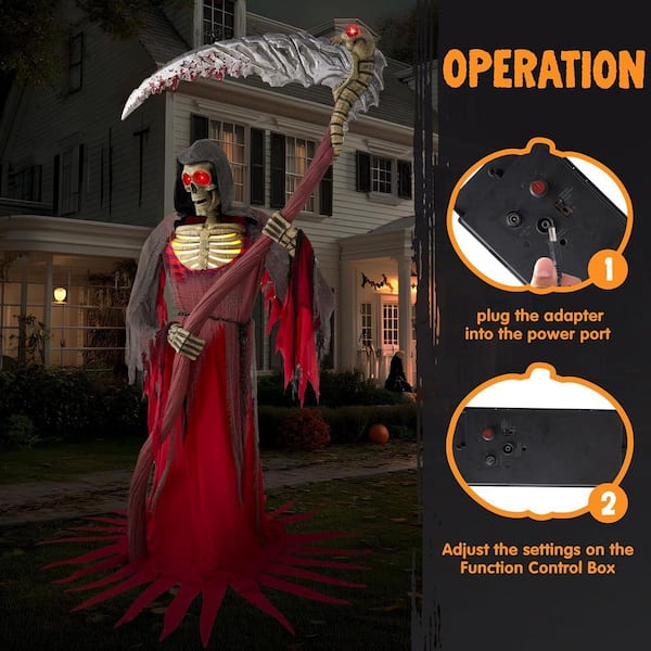 7 ft. Grim Reaper Skeleton Halloween Decoration w/ Scythe, Light and IR Sensor, Animatronic Indoor/Covered Outdoor Prop