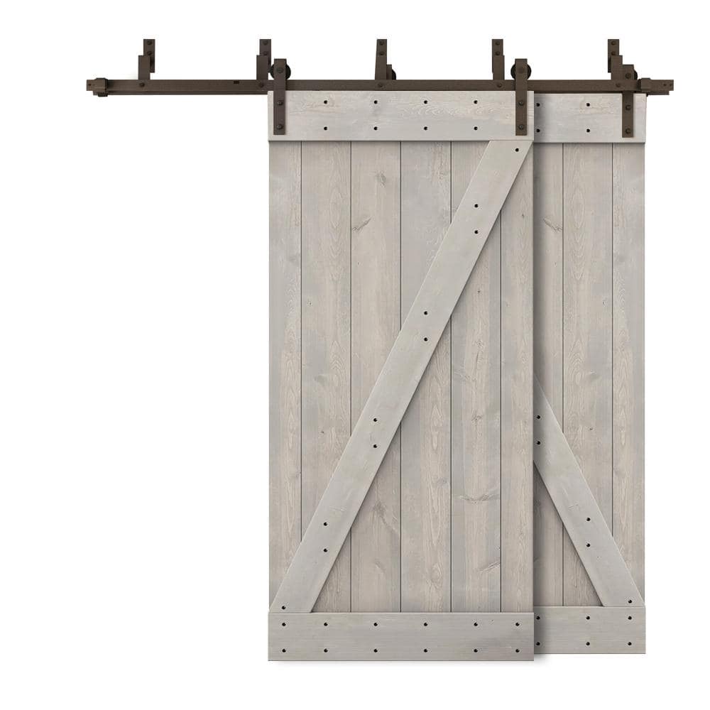 CALHOME 56 in. x 84 in. Z-Bar Bypass Silver Gray Stained DIY Solid Wood  Interior Double Sliding Barn Door with Hardware Kit