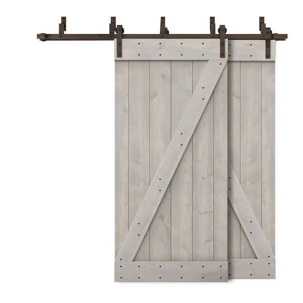 CALHOME 96 in. x 84 in. Z-Bar Bypass Silver Gray Stained DIY Solid Wood Interior Double Sliding Barn Door with Hardware Kit