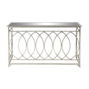 54 in. Silver Extra Large Rectangle Metal Geometric Console Table with Mirrored Glass Top