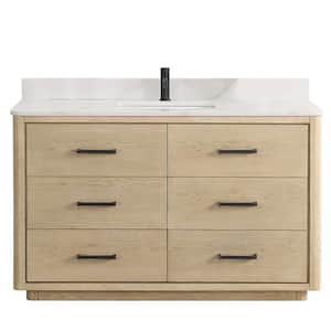 Porto 55 in. W x 22 in. D x 33.8 in. H Single Sink Bath Vanity in Natural Oak with White Quartz Stone Top