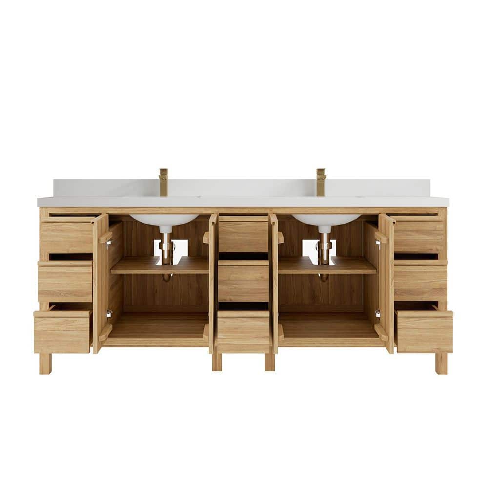 Elizabeth Light Brown Teak Double Bathroom Vanity with White Quartz Top