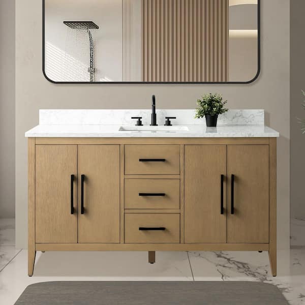 60 in. W x 22 in. D x 34 in. H Single-Sink Bathroom Vanity in Natural Oak with Engineered Marble Top in Arabescato White